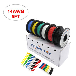 Fermerry 14 Gauge Electrical Wire Silicone Cables Hook up Wire Kit 6 Colors 5Ft each 14 AWG Stranded Wire
