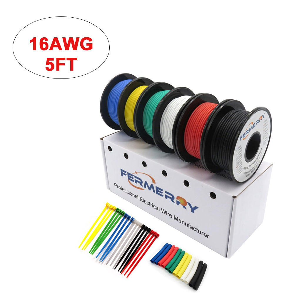 Fermerry 16 Gauge Wire Electric Hook up Wire Kit 16 AWG Silicone Wire Cables 6 Colors 5Ft each Stranded Wire