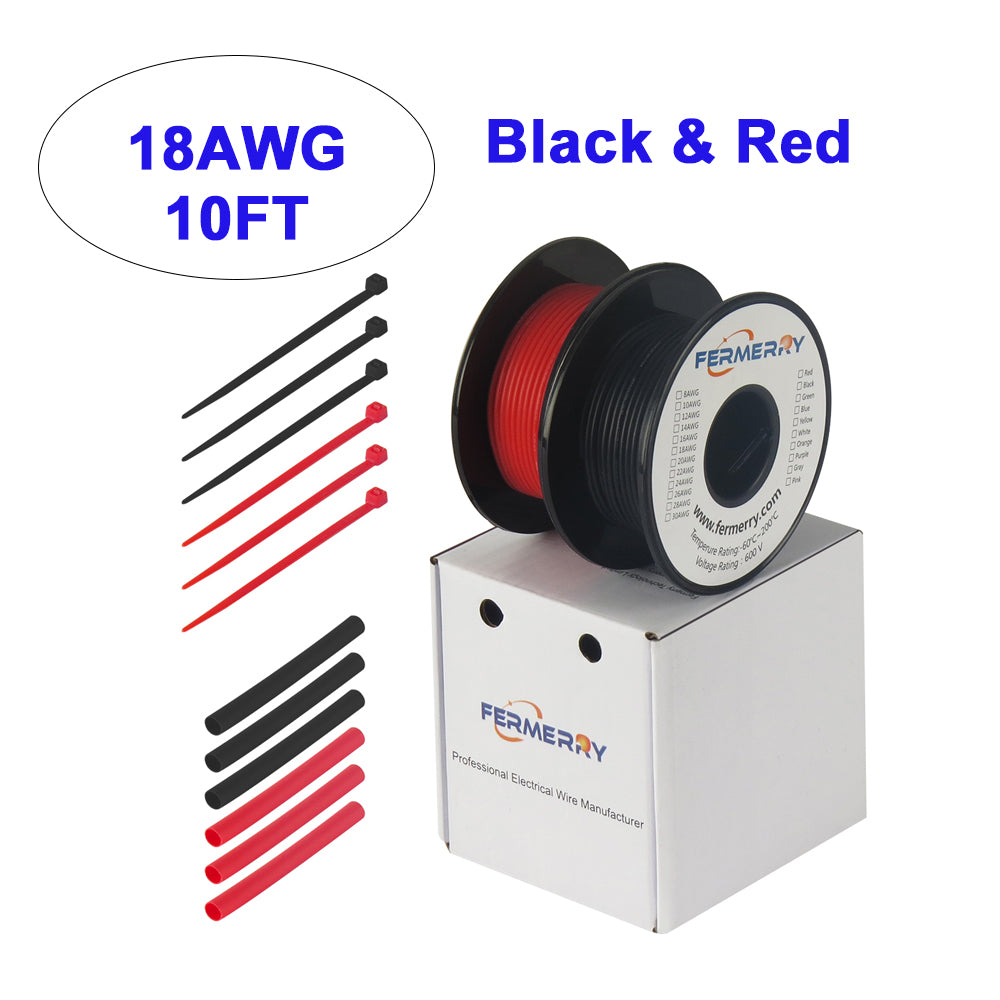Fermerry 18AWG Silicone Wire Electric Wire Connectors Hook up Wire Kit 18 Gauge Black and Red 10Ft each Flexible Electric Stranded Tinned Copper Wire