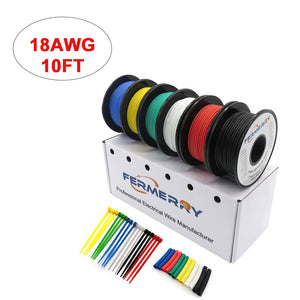 Fermerry 18AWG Silicone Wire Hook up Wire Kit Stranded Tinned Copper Wire  18 Gauge 6 Colors 10Ft each Electrical Wire