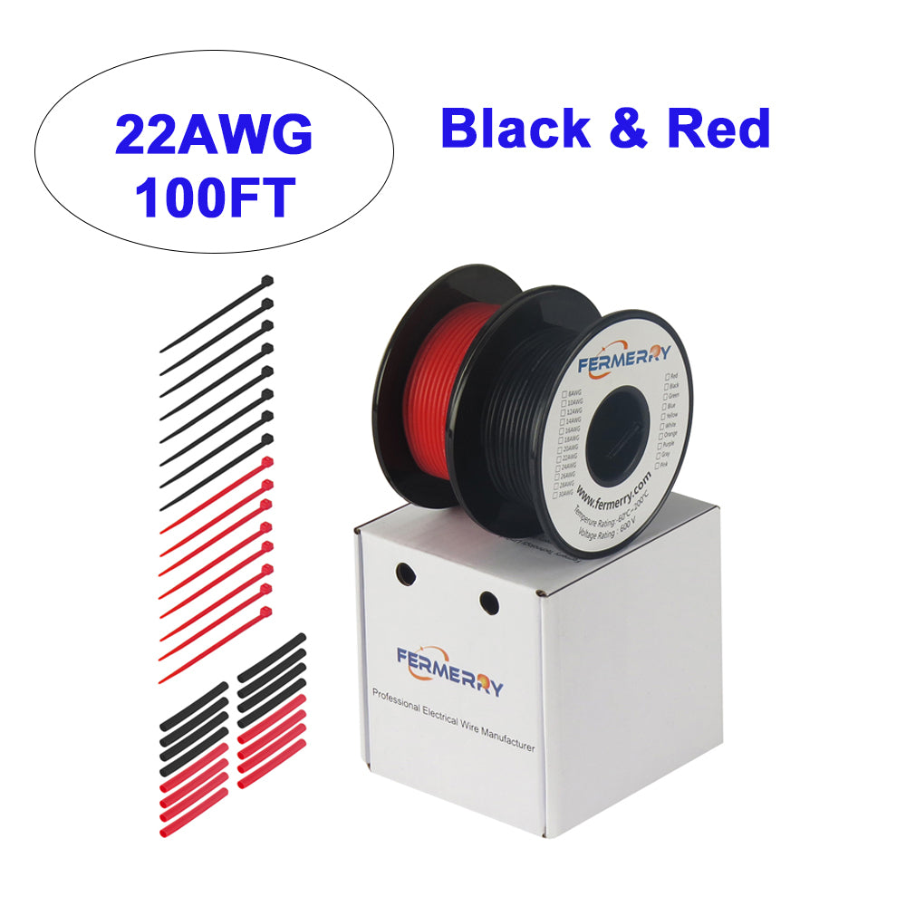 Fermerry 22 AWG Stranded Wire Red and Black 100Ft each 22 Gauge Electrical Hook up Wire Kit Flexible Silicone Tinned Copper Wire