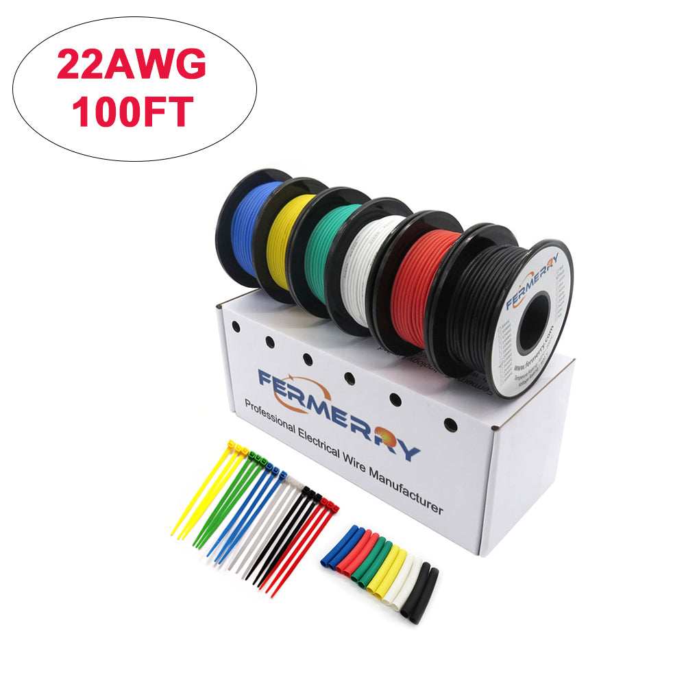 Fermerry Hookup Wire 22 Guage Stranded 22AWG Silicone Wire Tinned Copper Wire Kit 6 Colors 100Ft each Flexible Electric Cable