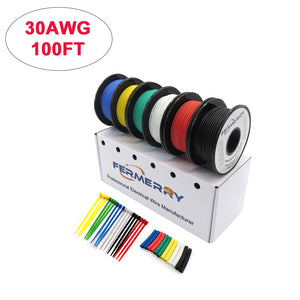 Fermerry 30 Guage Coiled Electric Wire Hook up Wire 6 Colors 100ft Each Silicone Stranded 30 AWG Flexible Cable Tinned Copper Wire Kit