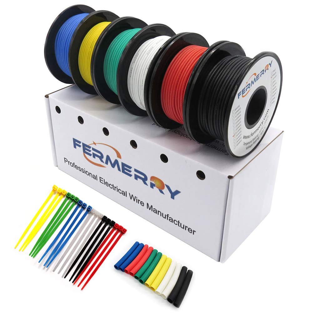 Fermerry 18 AWG Stranded Wire Spool 25ft Each 6 Colors Flexible 18 Gauge Silicone Hook up Wire Kit Electrical Tinned Copper Wire (6 Colors 25FT Each, 18AWG)